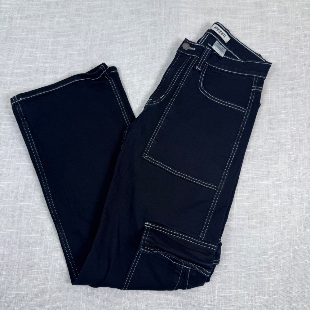 Aphrodite Hot Topic Black Contrast Stitch Cargo Pants 30x32 Emo Punk Grunge Goth